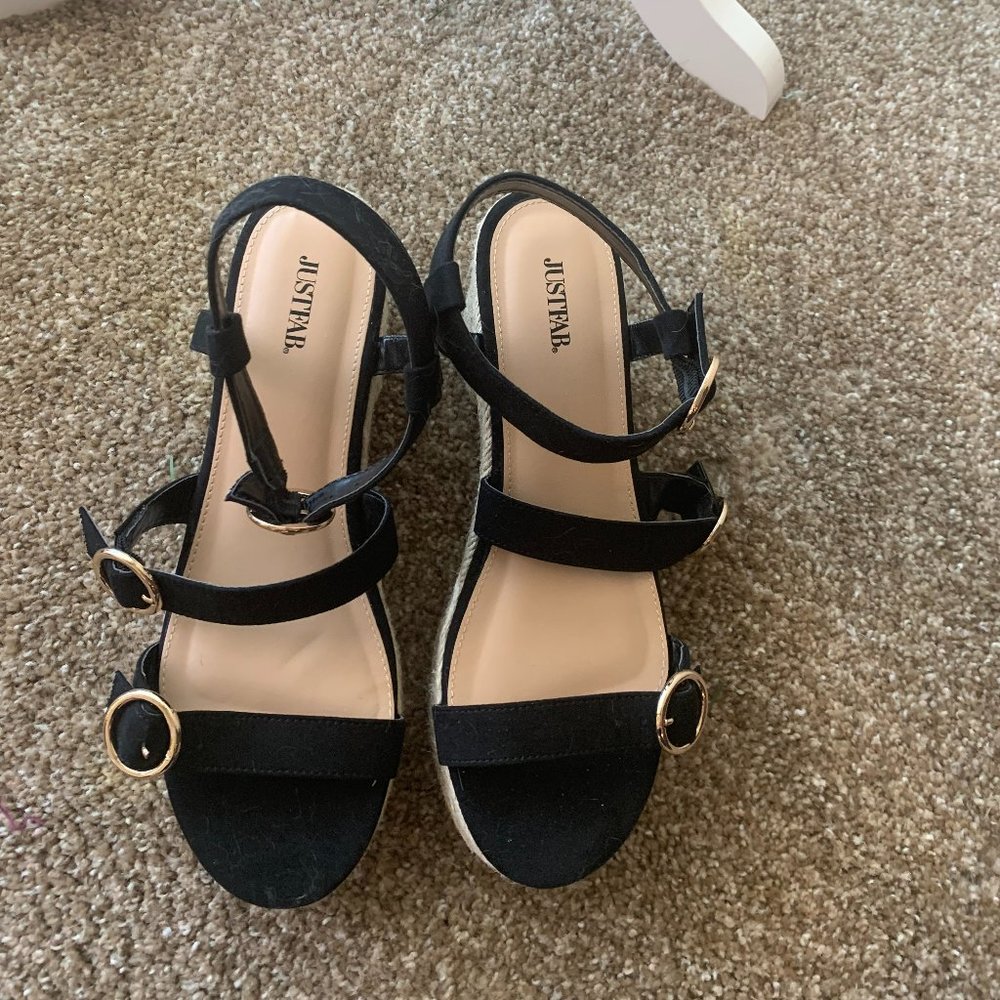Black wedge sandals, size 9